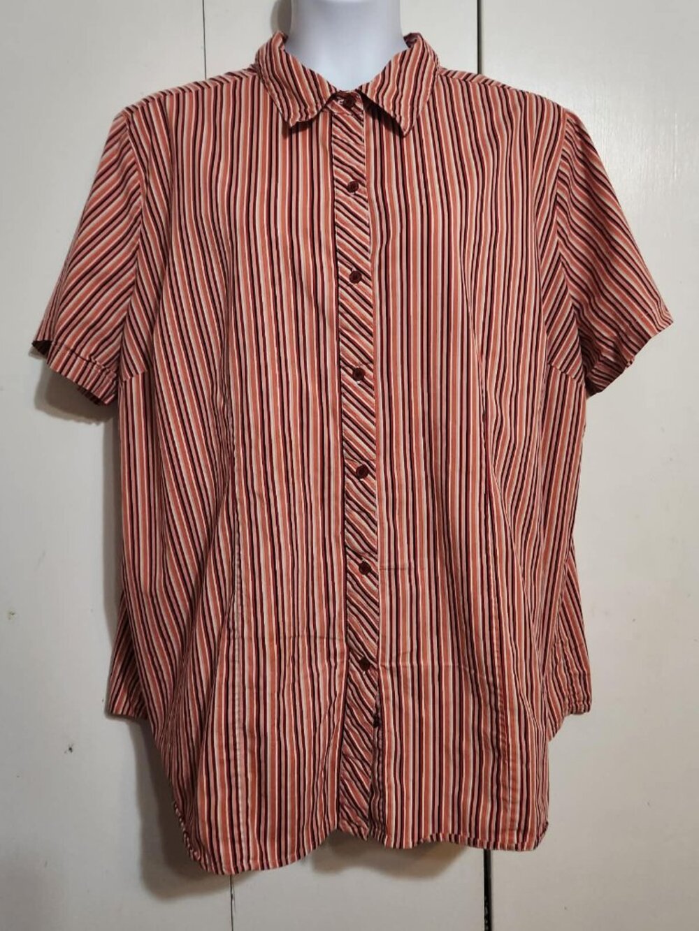 Chelsea Studio Women's 3X Button Front Shirt Short Sleeve Striped Orange Pink